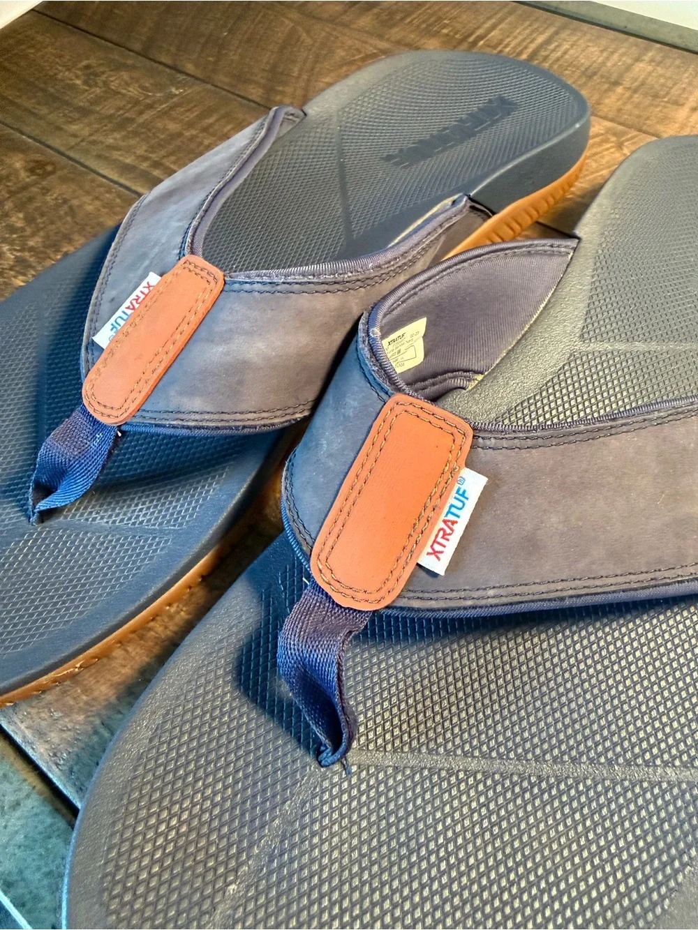 Xtratuf Men's Navy Blue Suede Flip Sandals with Brown Accent
